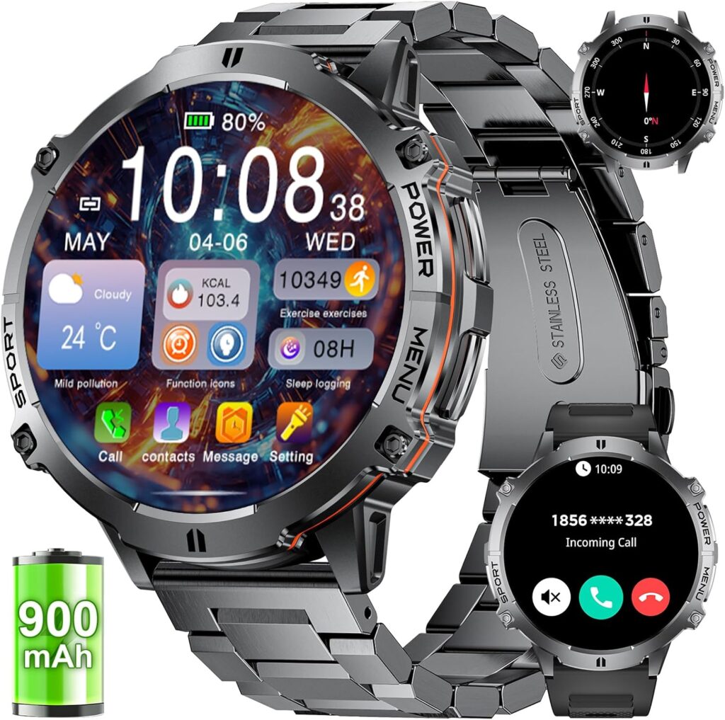 LIGE Smart Watches for Men with 900mAh Battery(60+Standby),1.73″ AMOLED with Bluetooth Call,110+ Sports Mode Tactical Fitness Tracker/Heart Rate Sleep Health Monitor/Android iOS Military Smart Watch