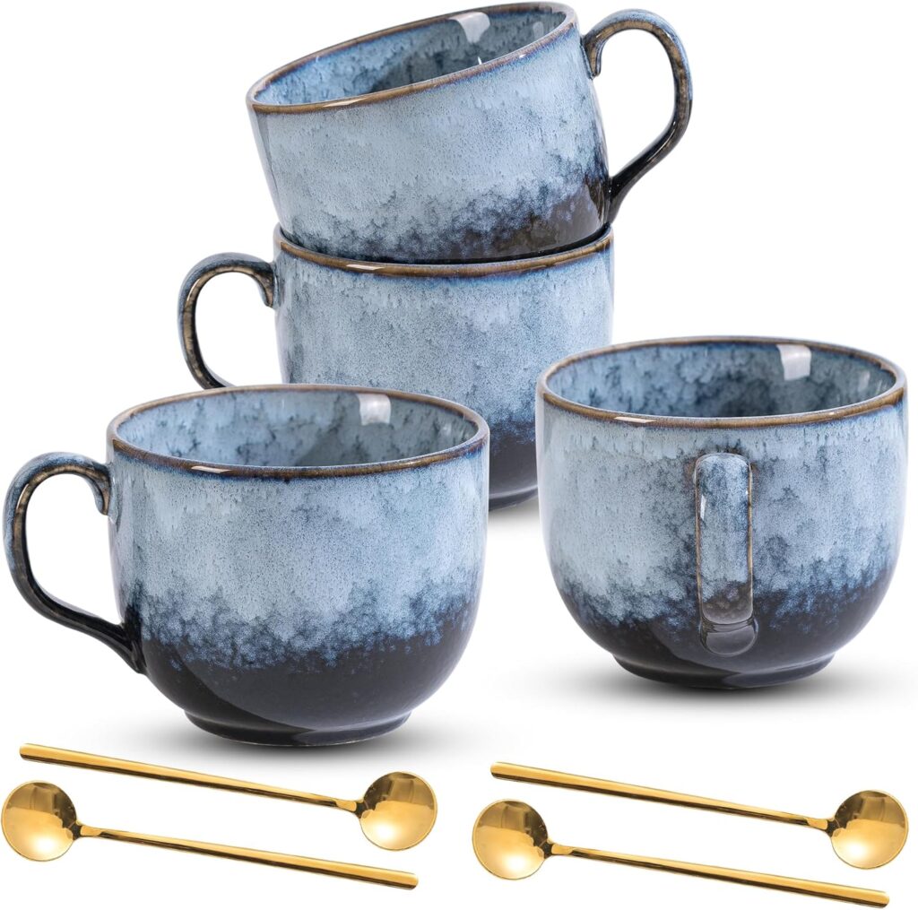 Coffee Mug Set of 4 – Ceramic 15 oz Coffee Cup with Handle, Large Stoneware Cups for Tea Milk Latte Cappuccino, Unique Hand-Painted Mug for Men Women Office Work (Marble Gray)