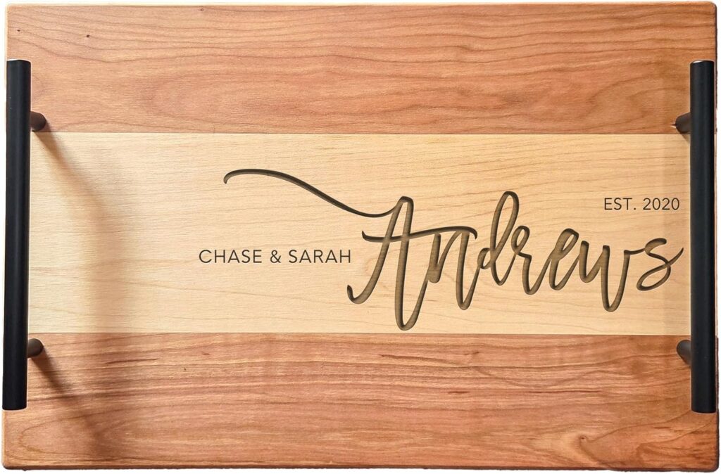 Last Name Serving Tray for Couples | Engraved Name & Date | Cherry, Maple, Walnut Wood Tray with Handles | Anniversary, Wedding, Engagement Gift