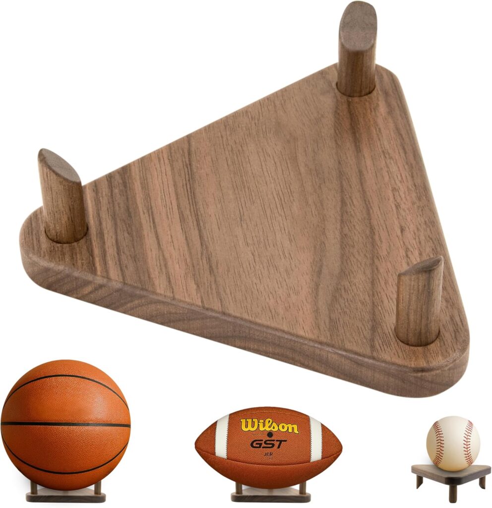 Solid Walnut Ball Display Stand – Basketball Holder, Football Stand, Soccer Ball Display Rack – Premium Wood Sports Memorabilia Display Holder – Triangle Ball Stand for Autographed Balls