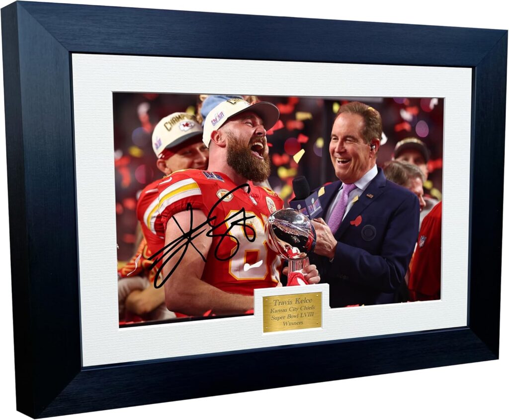 Travis Kelce Celebration Kansas City Super Bowl LVIII 58 Winners Autographed Signed 12×8 A4 Photo Photograph Picture Frame American Football Poster Gift, Black