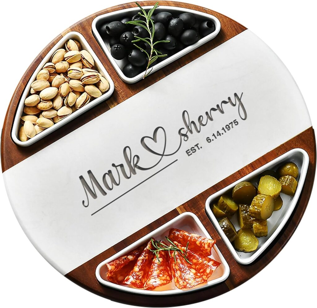 Shanik Acacia Wood Lazy Susan Cheese Board Set – Rotating Charcuterie Platter with 4 Ceramic Bowls & Knives, Round Serving Tray for Weddings & Parties