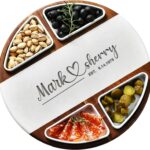 Shanik Acacia Wood Lazy Susan Cheese Board Set – Rotating Charcuterie Platter with 4 Ceramic Bowls & Knives, Round Serving Tray for Weddings & Parties