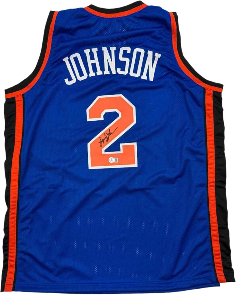 Autographed/Signed Larry Johnson New York Blue Basketball Jersey PSA/DNA COA