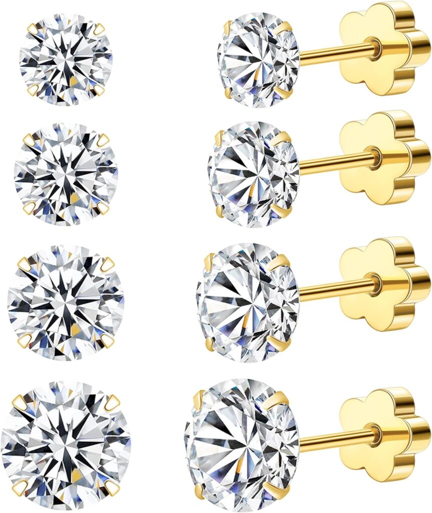4Pairs Flat Back Cubic Zirconia Earrings Studs for Women 14K Gold CZ Small Flatback Cartilage Earrings Hypoallergenic Screw Back Nap Earrings Handmade Helix Piercing 2-9mm