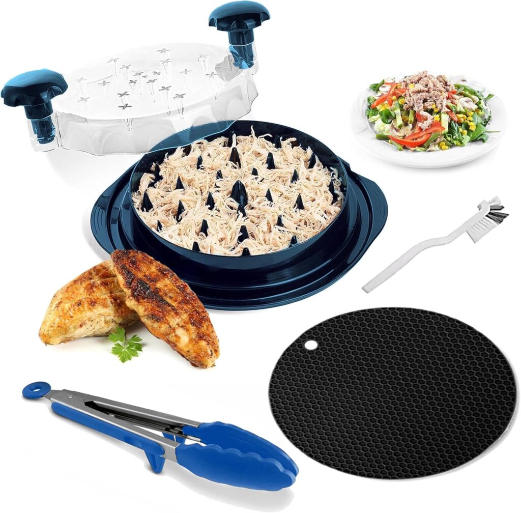 PrimeEase Chicken Shredder Tool Twist Large – 10” Meat Shredder Tool with Non-Slip Mat, Cleaning Brush & Tong – Meat Shredder for Chicken – Ergonomic Handle, Dishwasher Safe & BPA Free (Blue)