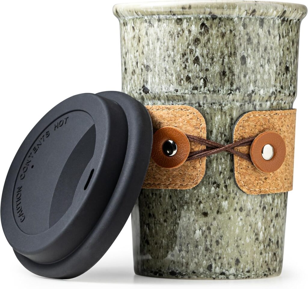 Coffee Travel Mug, Spill Proof Coffee Tumbler, Ceramic mug, Microwave & Dishwasher Safe, Large Porcelain Coffee Cup, Tea Mug with Lid, Decorative Latte Cup for Men, 16.5 oz