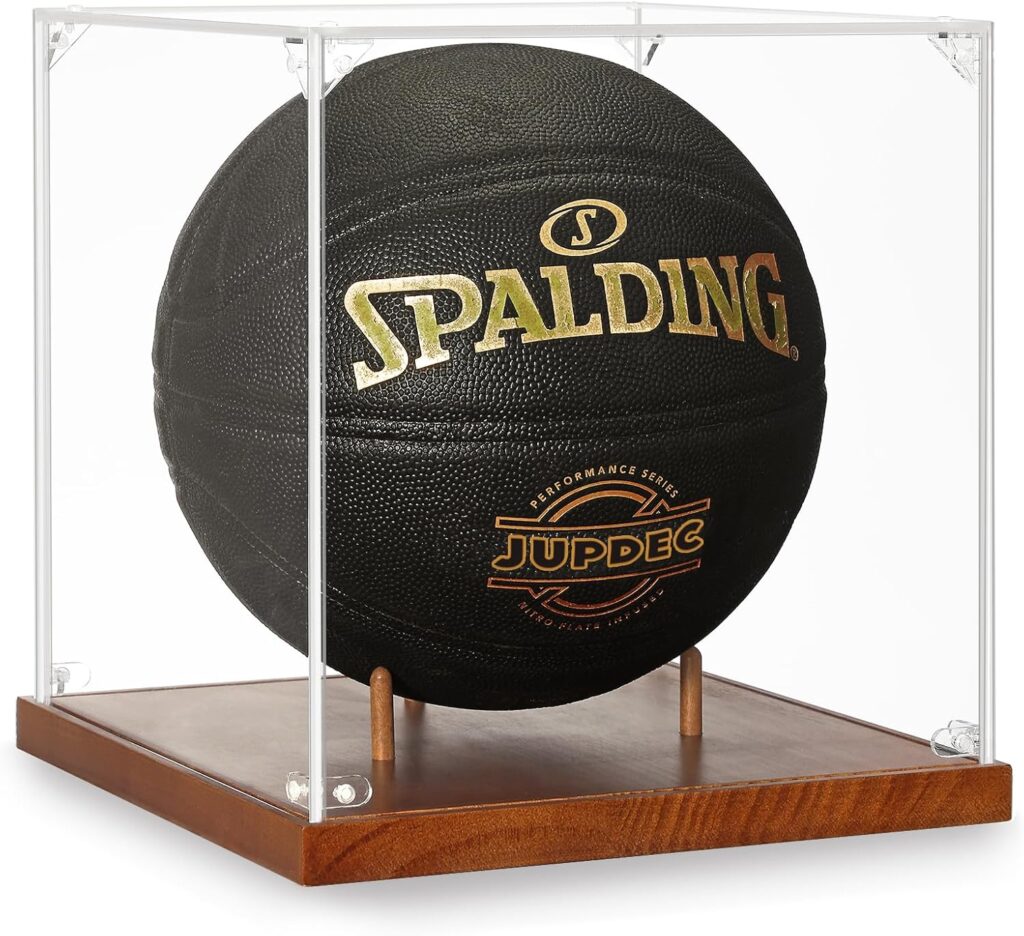 JupDec Basketball Display Case Acrylic Clear 10″ Full Size with Solid Wood Base, UV Protected Soccer Display Stand Box for Autographed Standard NBA WNBA Ball Memorabilia Keepsake Ideal Gift Athlete