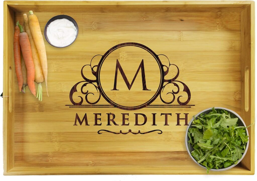 Premium Monogrammed Bamboo Wood Serving Tray with Handles – Personalized and Custom Engraved for Free