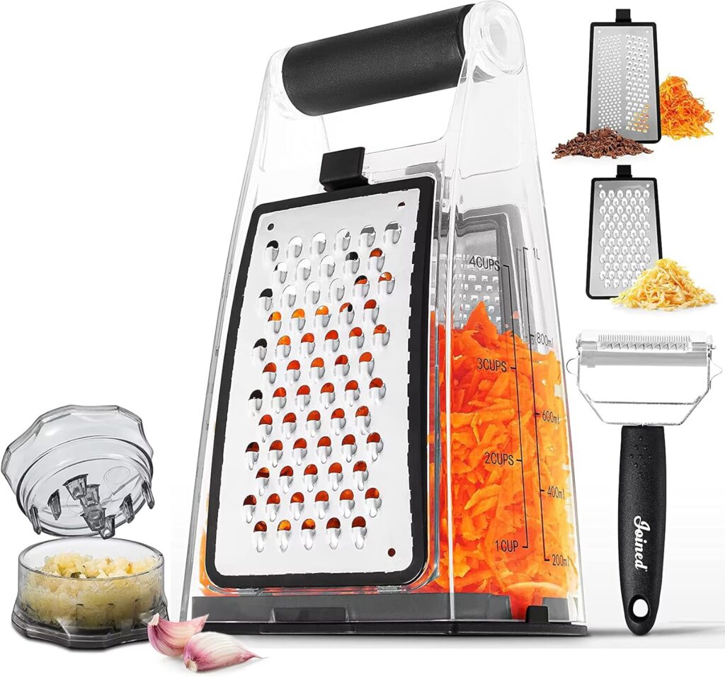 Joined Cheese Grater with Garlic Crusher- Box Grater Vegetable Shredder with 2 Stainless Steel Blades – Graters for Kitchen- Cheese Graters with Handle – Garlic Mincer Tool and Vegetable Peeler