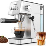 Espresso Machine with Steam Milk Frother,20 Bar Stainless Steel Coffee Maker for Latte & Cappuccino,Detachable Water Tank/Drip Tray, Hot Water Function for Home & Office Use