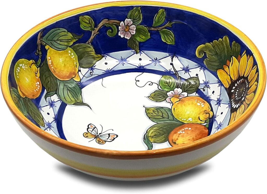 Large Ceramic Bowl for kitchen – Italian dinnerware pasta bowl – Yellow White Blue Lemon Sunflower serving tray – Hand painted Tuscan pottery bowls – Made in Italy – Ceramics salad tuscan soul platter