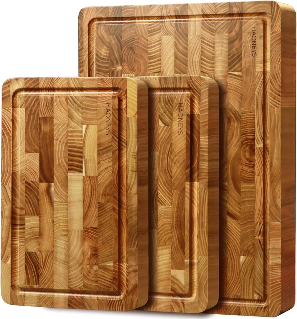Cutting Board Set of 3, Teak Wood End Grain Cutting Boards for Kitchen, Large Wood Chopping Board with Hidden Handles, Wooden Charcuterie Board for Meat, Vegetables, Fruits, Bread, Cheese