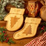 2 Pcs Christmas Wooden Serving Platter Pine Wood Christmas Charcuterie Board Trays 13.7 x 11 Inch Glove Stocking Decorative Serving Dish, Laser Engraved for Food Candy Xmas Holiday Gift