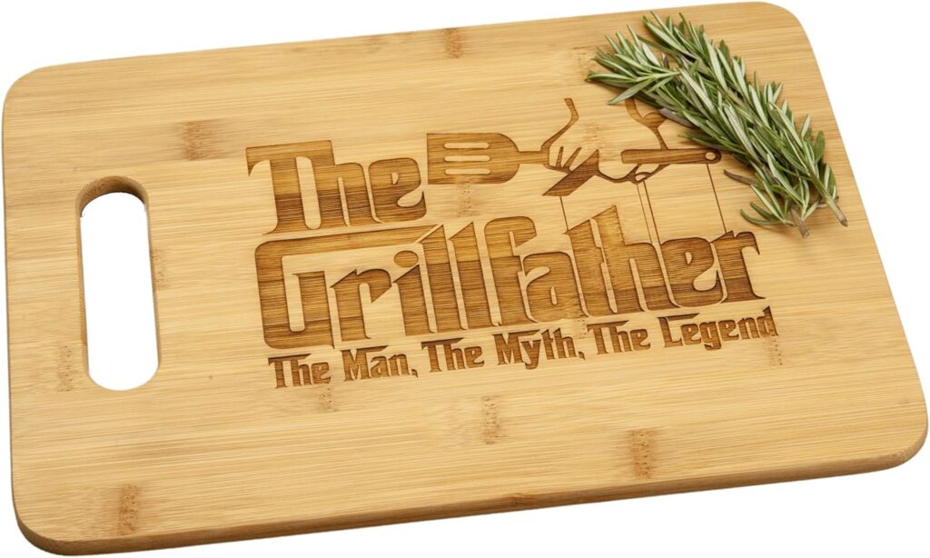 Grillfather Grill Father Engraved Bamboo Wood Cutting Board with Handle Funny Gift for Birthday or Father’s Day Grilling Serving Tray 9.5×13″