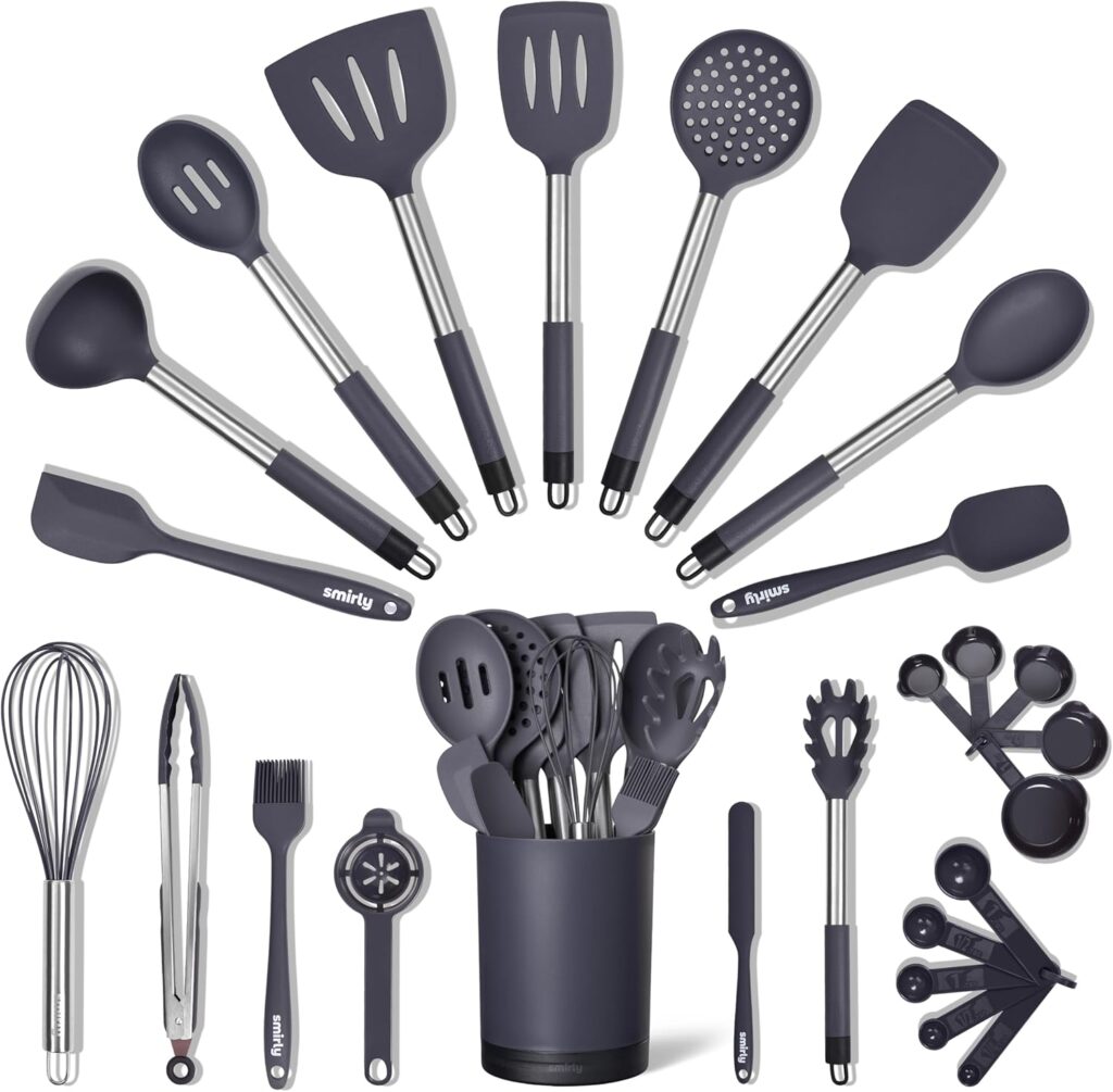SMIRLY Kitchen Utensils Set – 26-Piece Silicone Cooking Utensils Set, Spatula Set with Holder, Stainless Steel Handle Silicone Kitchen Gadgets for Nonstick Cookware