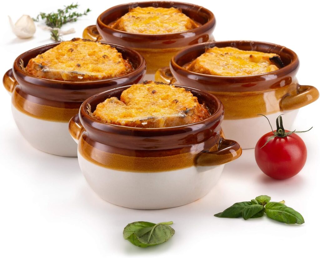 KooK French Onion Soup Bowl, French Onion Soup, Crock, Oven Safe Bowl, Ceramic, Handles, Stoneware, Dishwasher, Microwave, Oven & Broil Safe 16oz Standard Capacity & 18oz Full Capacity Set of 4