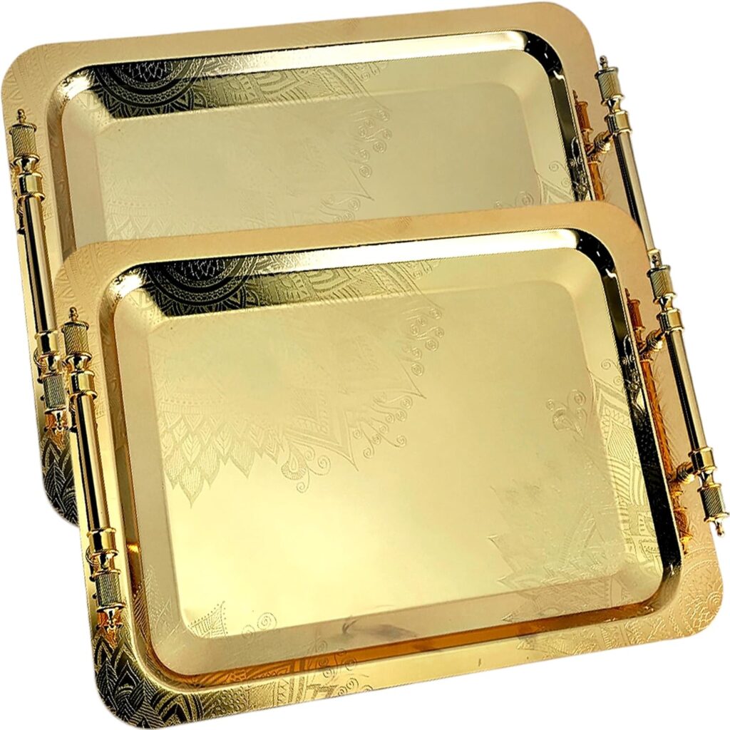 (Pack of 2) 17.1 inch x 12.5 inch Oblong Iron Gold Plated Mirror Serving Tray with Handles Floral Engraved Decorative Party Birthday Dessert Wine Decor Platter Plate Base Dish NC-128