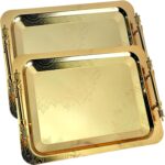 (Pack of 2) 17.1 inch x 12.5 inch Oblong Iron Gold Plated Mirror Serving Tray with Handles Floral Engraved Decorative Party Birthday Dessert Wine Decor Platter Plate Base Dish NC-128