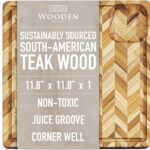 Teak Cutting Board for Kitchen (Small) – Herringbone Butcher Block with Juice Groove & Corner Well, Charcuterie Board, Food-Safe, Gift-Ready, 11.8 x 11.8 x 1 in