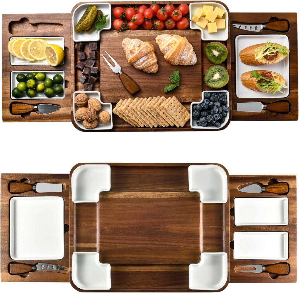 Shanik Upgraded Acacia Cheese Board Set, Square Shaped Charcuterie Set, Cheese Platter, Handcrafted Design and Stainless Steel Cutlery Set – Gift for Any Occasion No Engraving
