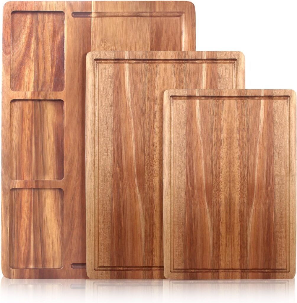 3-Pieces Large Acacia Wood Cutting Board for Kitchen Decor Charcuterie Board Set Gift Cheese Platter Fruit Meats Small Wooden Charcuterie Tray Counter Butcher Block Chopping Prep Serving Boards