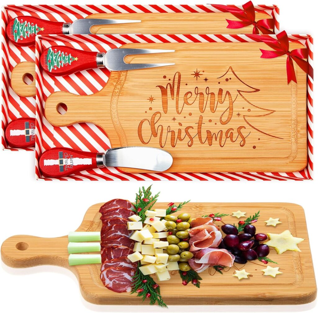 2 Set Christmas Cheese Board and Knife Set, Wooden Small Charcuterie Board Holiday Serving Tray with Knives for Xmas Gift Party Home Decoration (Square)