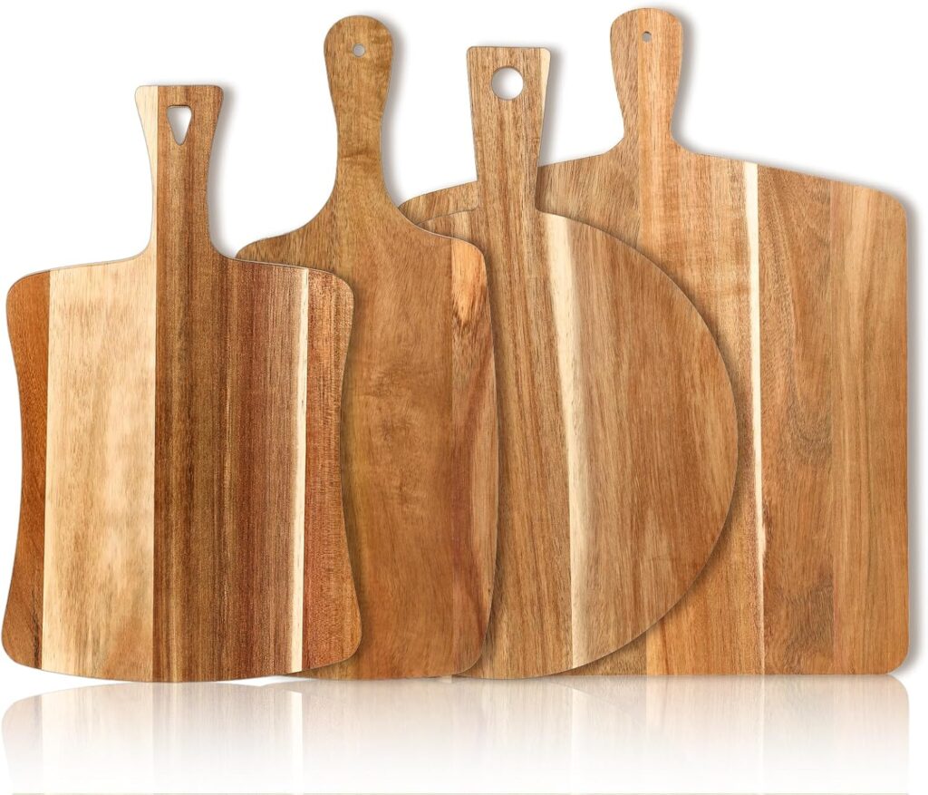 4 PCS Thick Acacia Wood Cutting Board with Handle, Assorted Sizes Large Wooden Charcuterie Boards Set Serving Tray for Cheese, Meat, Pizza, Vegetables, Bread, Kitchen Counter, Dining Room