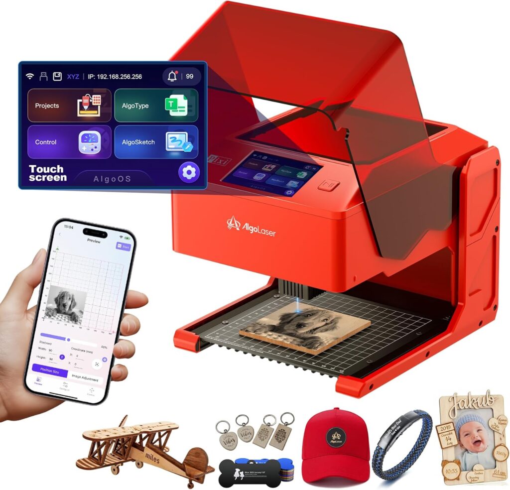 AlgoLaser 5W Laser Engraver Machine: Portable & Smart with 3.5″ Touch Screen, Hand Drawing/Wireless/SD Card/Offline Engraving, AlgoOS 2.0 Self Developed System for Wood, Acrylic, Leather
