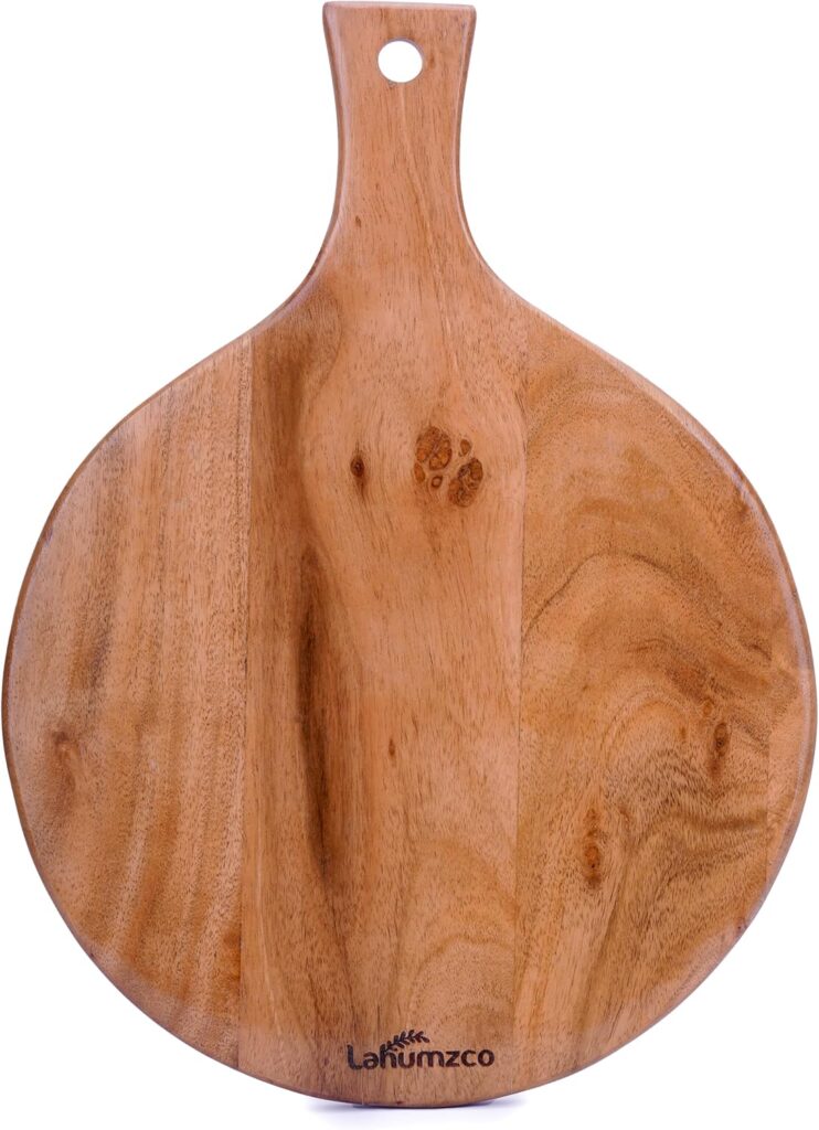Acacia Wood Round Cutting Board with Handle 11×15 inch – Multipurpose Chopping, Cheese, Bread & Charcuterie Board – Decorative Wooden Serving Tray for Kitchen & Dining