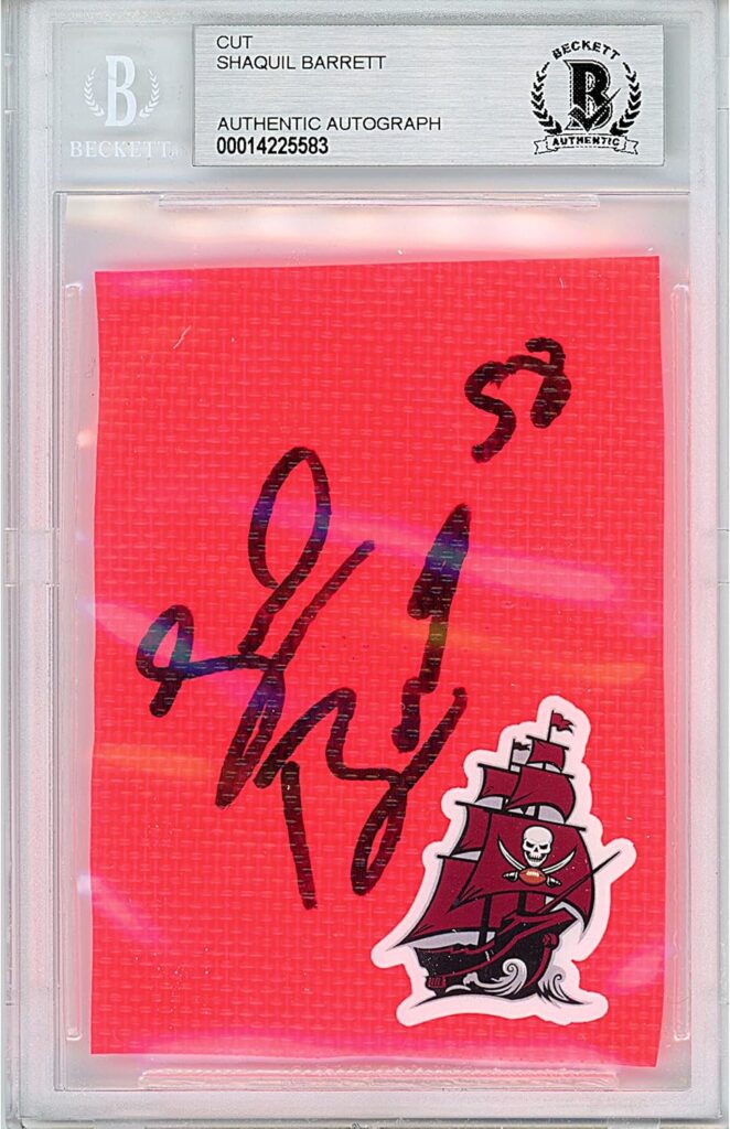 Shaquil Barrett Autographed Football End Zone Pylon Cut, Beckett Authentic Autograph Slab, Tampa Bay Buccaneers Signed Memorabilia