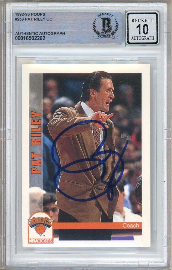 Pat Riley Signed Basketball Card, 1992-1993 Hoops #256, Beckett Authentic Autograph BGS Auto-10 Graded Slab, New York Knicks Autographed Memorabilia NY