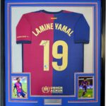 Framed Autographed/Signed Lamine Yamal 35×39 FC Barcelona Blue Soccer Jersey Beckett BAS COA