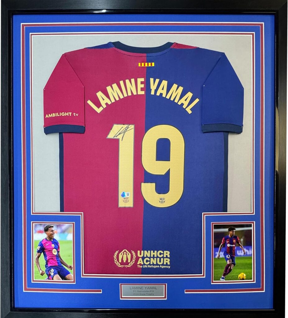 Framed Autographed/Signed Lamine Yamal 35×39 FC Barcelona Blue Soccer Jersey Beckett BAS COA