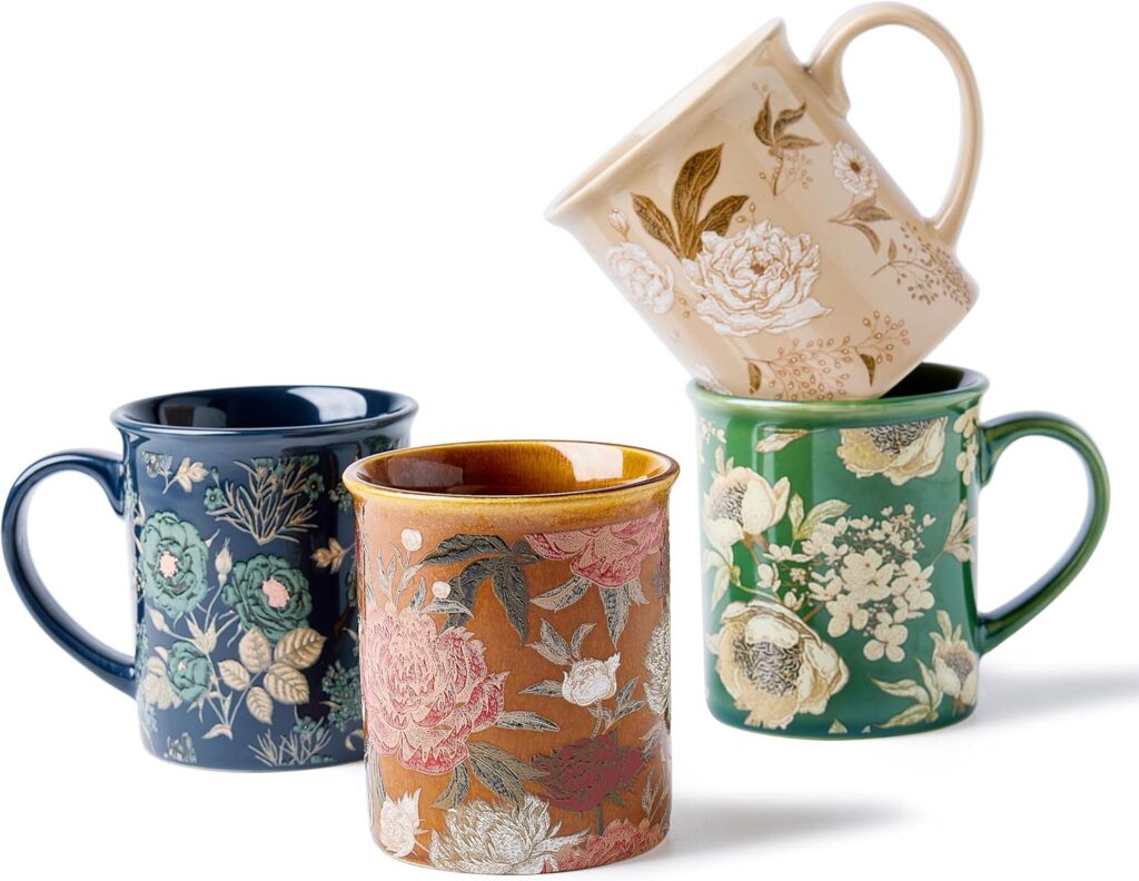 Coffee Mugs Set of 4, 12oz Ceramic Tea Cups with Floral Design, Hand wash only, Microwaveable, Gift Box, Perfect for Cappuccino, Latte, Hot Chocolate–Tazas Para Café Bonitas (Royal Bloom)
