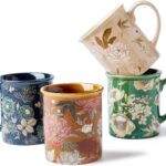 Coffee Mugs Set of 4, 12oz Ceramic Tea Cups with Floral Design, Hand wash only, Microwaveable, Gift Box, Perfect for Cappuccino, Latte, Hot Chocolate–Tazas Para Café Bonitas (Royal Bloom)