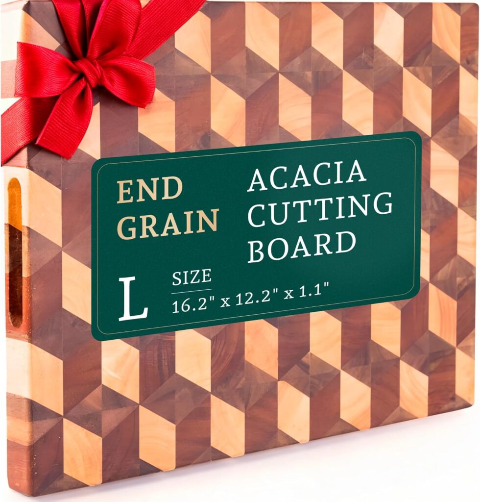 Handcrafted 3-D Checkered Acacia Wood Cutting Board – Reversible End Grain Large Butcher Block Cutting Board Serving Tray for Prep & Presentation – Multipurpose Wooden Charcuterie Board with Handles