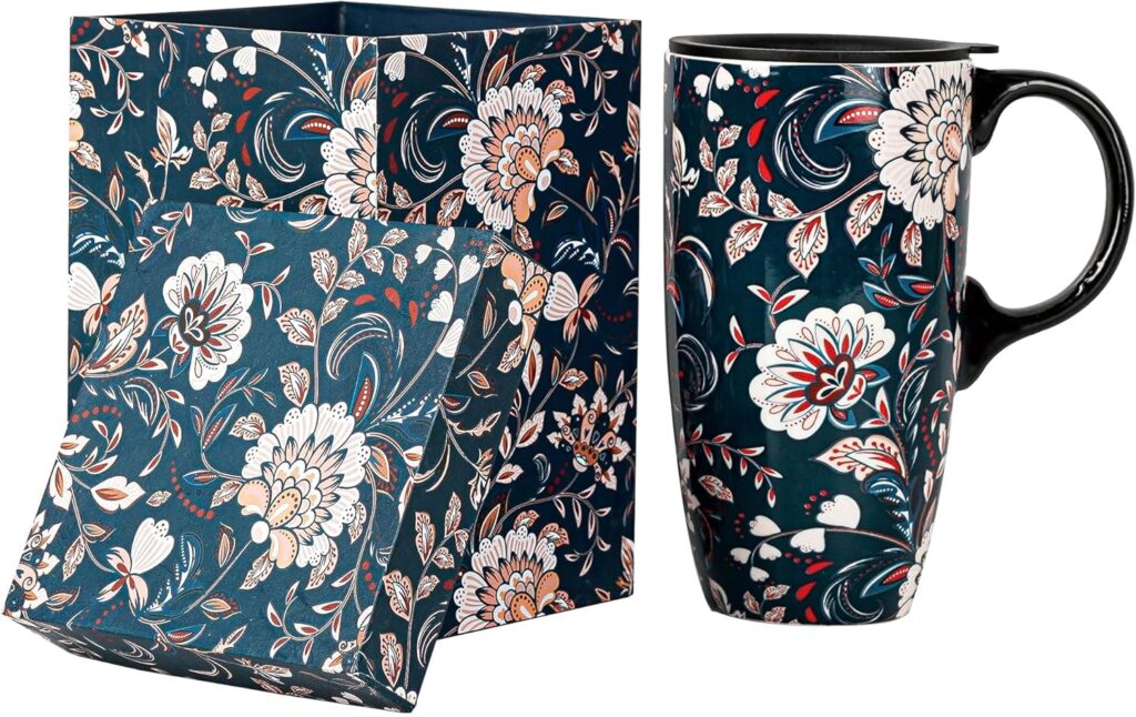 Topadorn Ceramic Coffee Mug Porcelain Latte Tea Cup With Lid and Present Box 17oz,Blue Flower