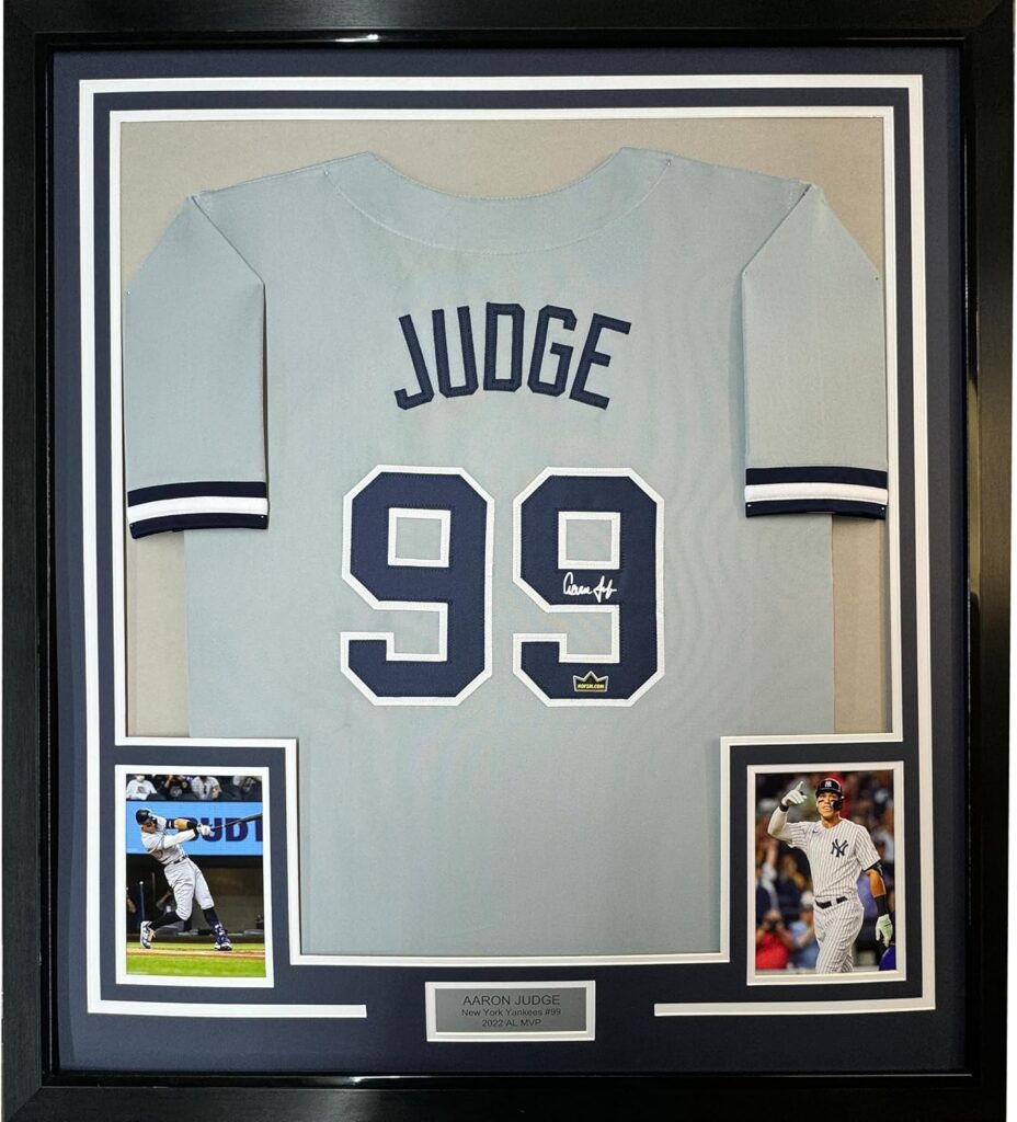 Framed Facsimile Autographed Aaron Judge 35×39 New York Grey Reprint Laser Auto Baseball Jersey
