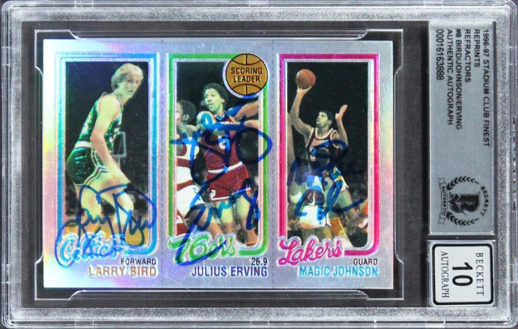 Bird, Erving & Magic Signed 1996 SC Finest Refractors #8 Card Auto 10 PSA Slab – Basketball Autographed Cards