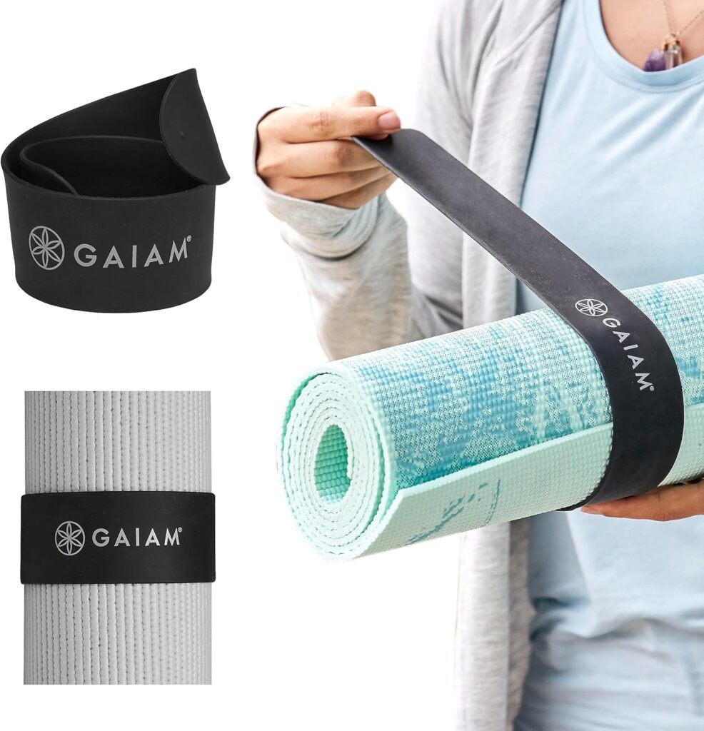 Gaiam Yoga Mat Strap Slap Band – Keeps Your Mat Tightly Rolled and Secure with One Snap – Strong Clasp for Yoga Mat Storage and Travel – Fits Most Size Mats (20″L x 1.5″W), Black