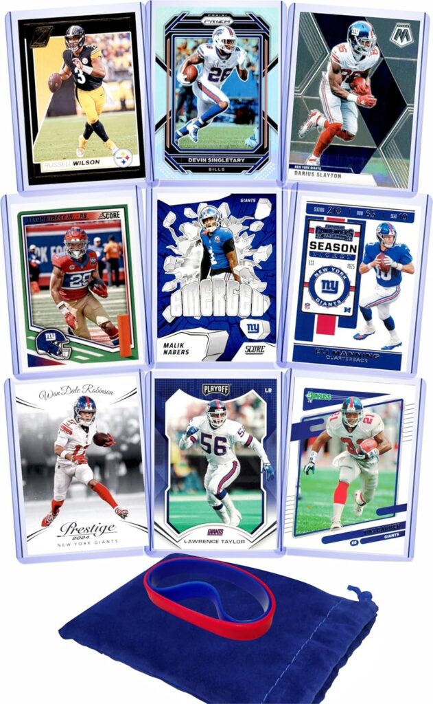 New York Giants Cards: Russell Wilson, Devin Singletary, Darius Slayton, Tyrone Tracy Jr., Malik Nabers, Eli Manning, Tiki Barber, Wan’Dale Robinson, Lawrence Taylor ASSORTED Football Stars & GOATs Trading Card & Wristbands Gift Pack