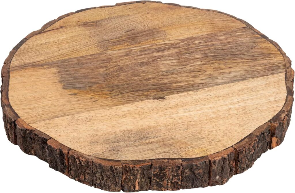 GoCraft Wooden Round Cutting Board with Tree Bark Rim | 1.5″ Thick Mango Wood Live Edge Chopping, Prep, Serve Board | Charcuterie Platter – 12.75″
