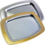 (Pack of 2) 17.2 inch x 12 inch &14.2 inch x 9.8 inch Oblong Chrome Plated & Iron Gold Serving Tray Stylish Design Floral Engraved Edge Dessert Platter Plate Birthday Gift NC-030