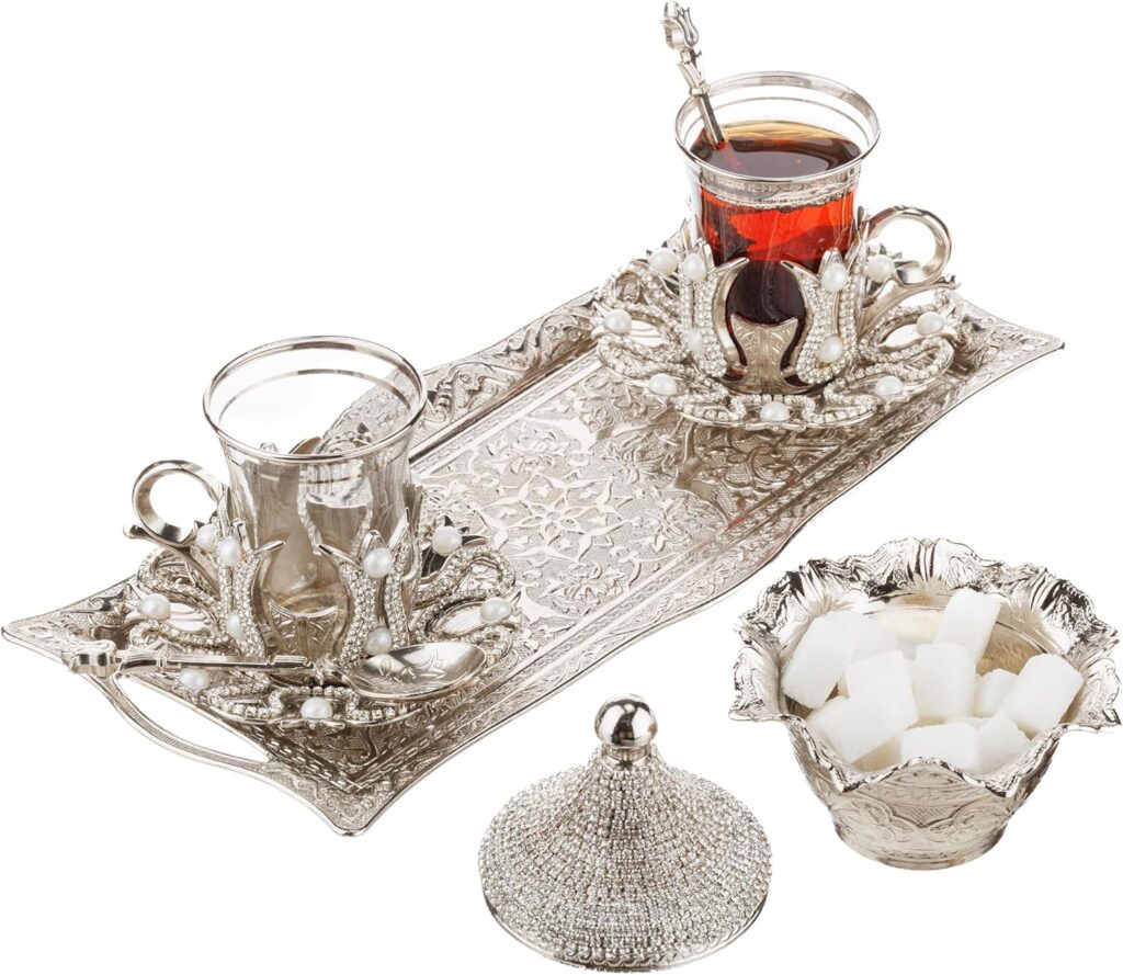 DEMMEX Turkish Tea and Coffee Serving Set for 2 – Includes 2 Glasses, Metal Glass Holders, Saucers, Spoons, Sugar Bowl with Lid, and Tray – Engraved, 3.3 fl oz Capacity, 12″ x 5″ (Crystals, Silver)