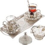 DEMMEX Turkish Tea and Coffee Serving Set for 2 – Includes 2 Glasses, Metal Glass Holders, Saucers, Spoons, Sugar Bowl with Lid, and Tray – Engraved, 3.3 fl oz Capacity, 12″ x 5″ (Crystals, Silver)