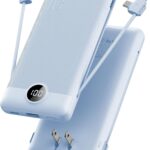 VRURC Portable Charger Built-in Cables and AC Wall Plug, USB C Power Bank 10000mAh, Travel Essentials Phone Charger Compact Lightweight External Battery Pack for Smart Phones, Tablets etc-Blue
