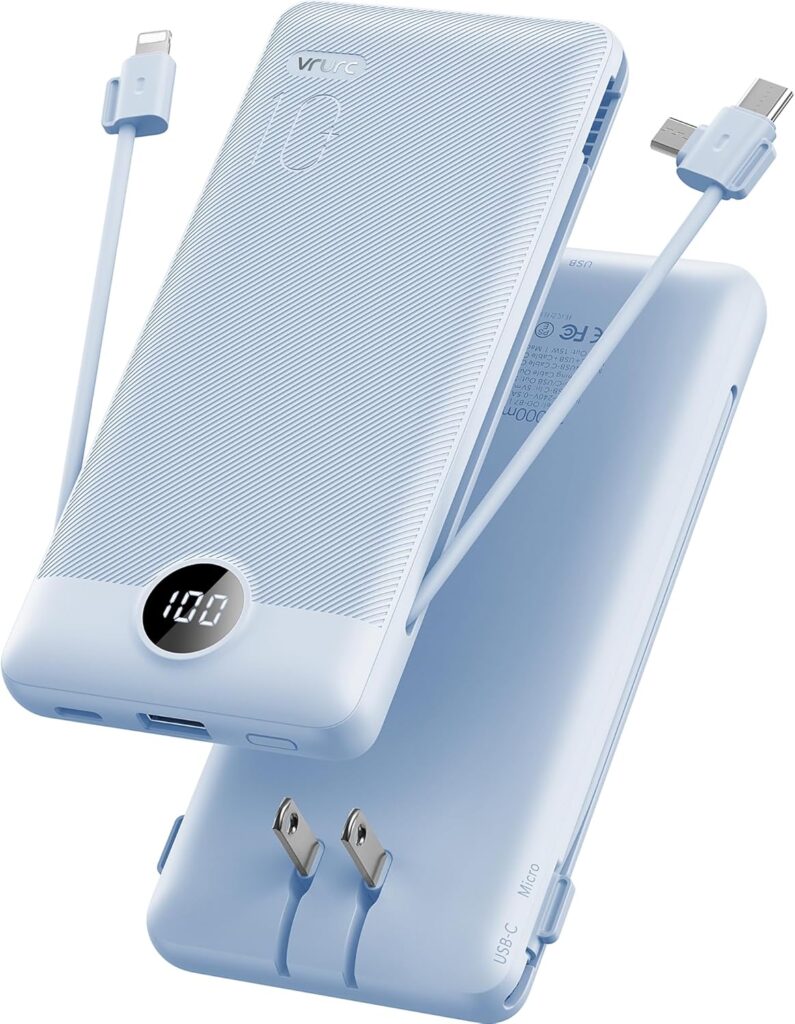 VRURC Portable Charger Built-in Cables and AC Wall Plug, USB C Power Bank 10000mAh, Travel Essentials Phone Charger Compact Lightweight External Battery Pack for Smart Phones, Tablets etc-Blue