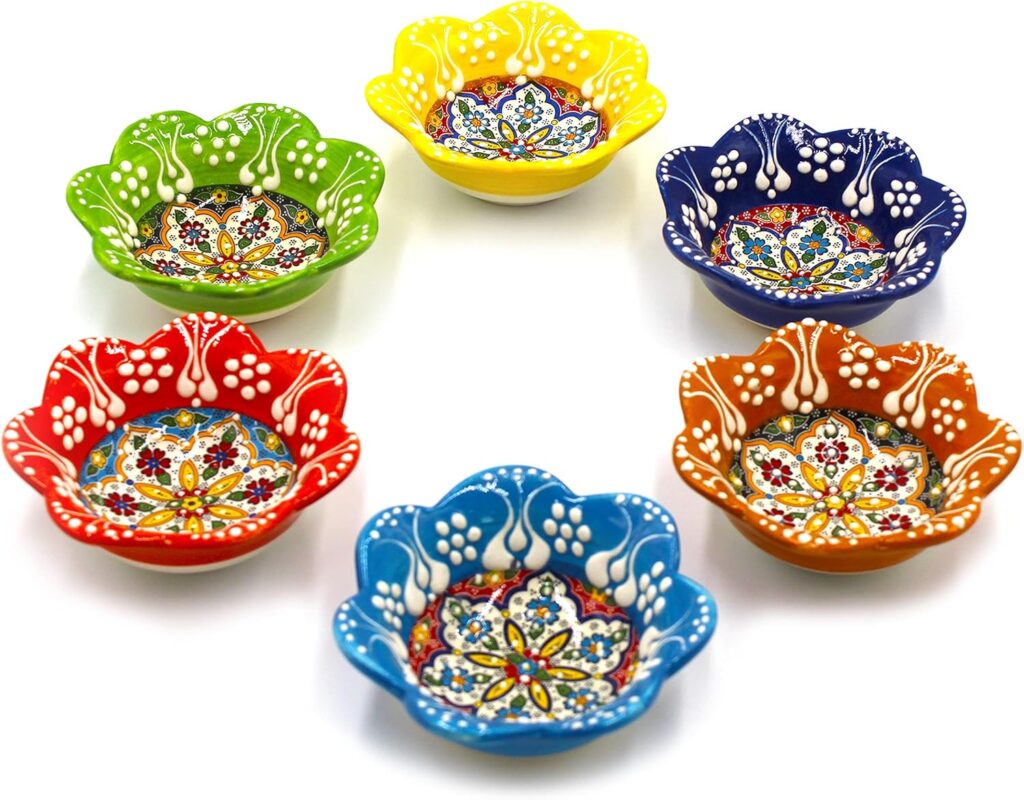 6 Pcs Daisy Shaped Hand Painted Decorative Serving Turkish Tiny Bowls – Handmade Ceramic Bowl – Set of 6 (3.7 inc/9.5cm) 2.5 Oz Pinch Multicolor Small Serving Bowls – Best Gift Set