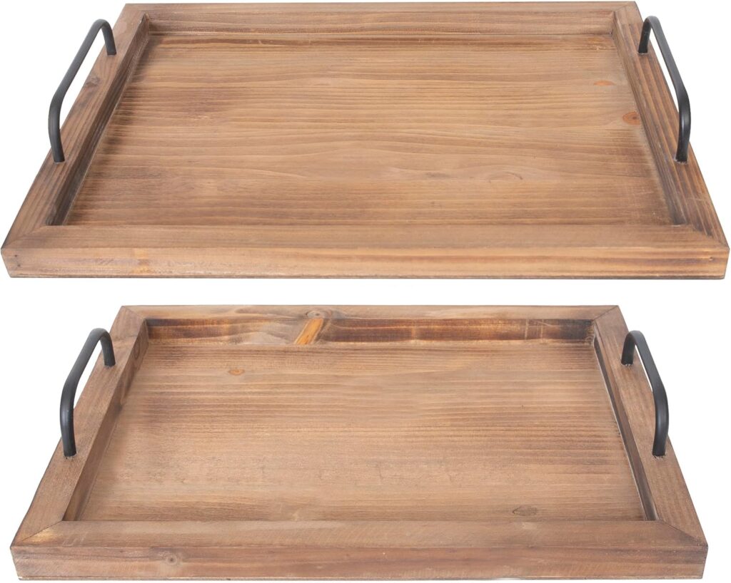 Besti Rustic Vintage Food Serving Trays (Set of 2) | Nesting Wooden Board with Metal Handles | Stylish Farmhouse Decor Serving Platters | Large: 15 x2 x11 – Small: 13 x2 x9 inches (Rustic Burnt)